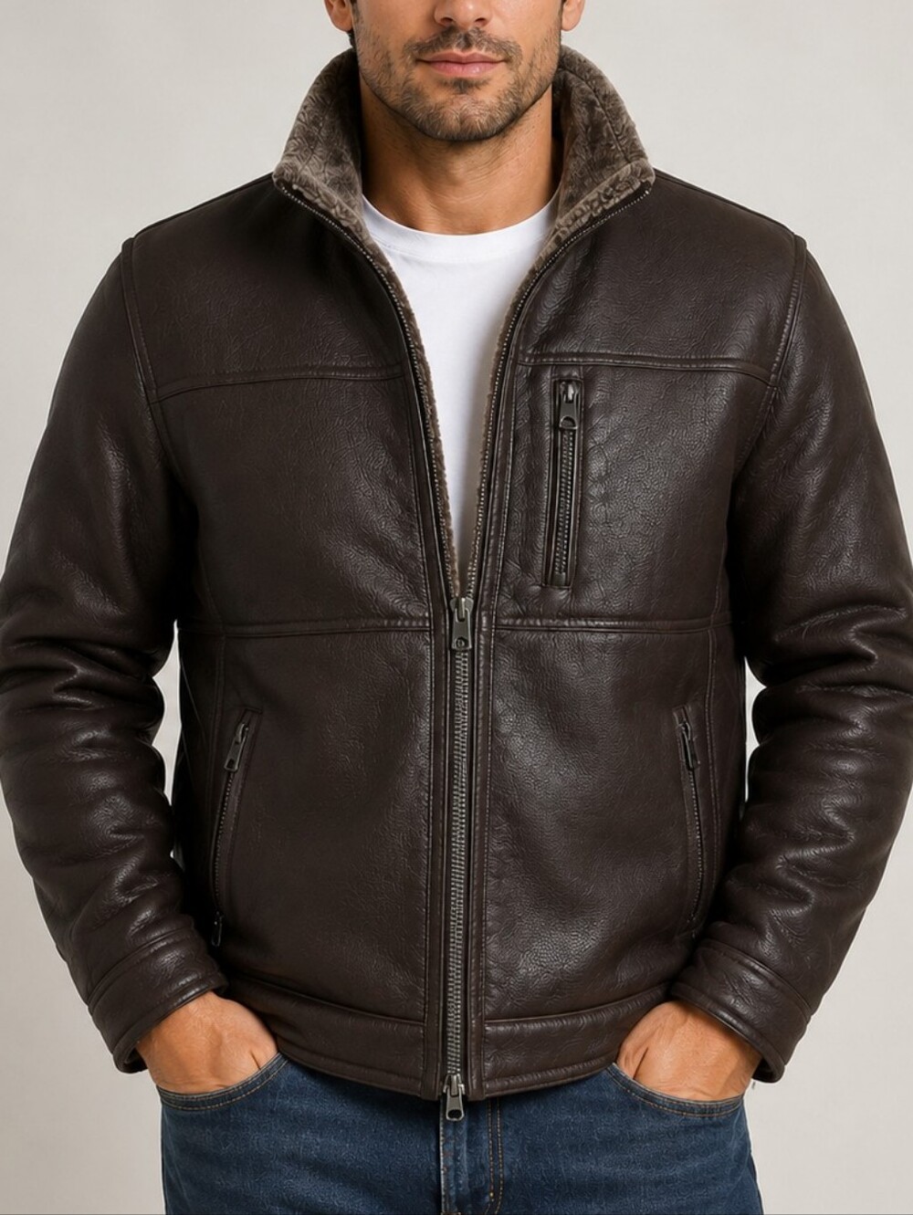 BRAND NEW GUESS Los Angeles Men’s XXL Brown Faux Leather Faux Shearling Jacket